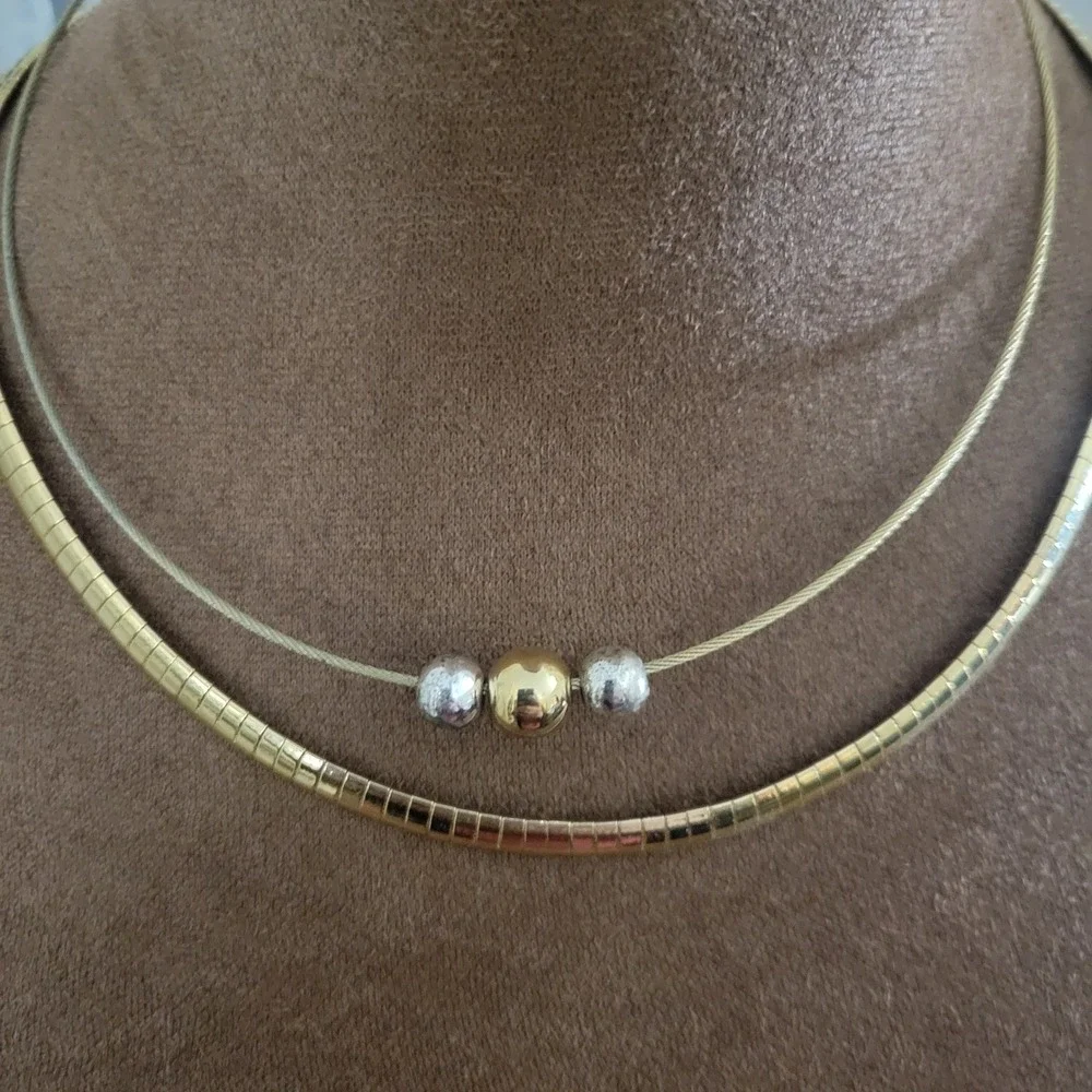 Vintage Gold Silver Two Strand Omega Bead Necklace 16